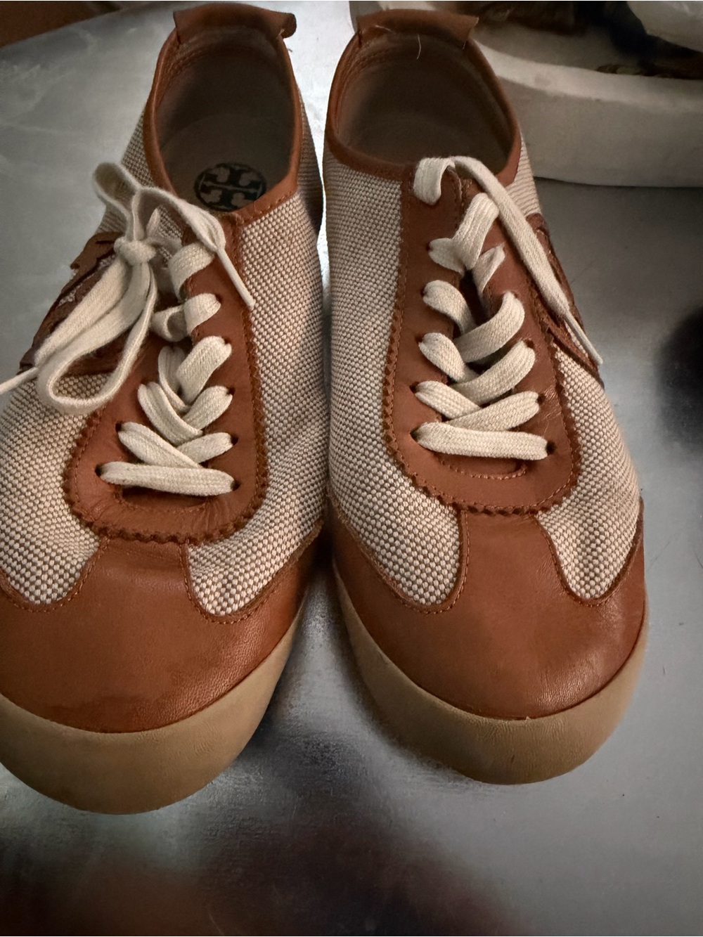Tory Burch Tan Leather & Cream Canvas Low-Top Sneakers